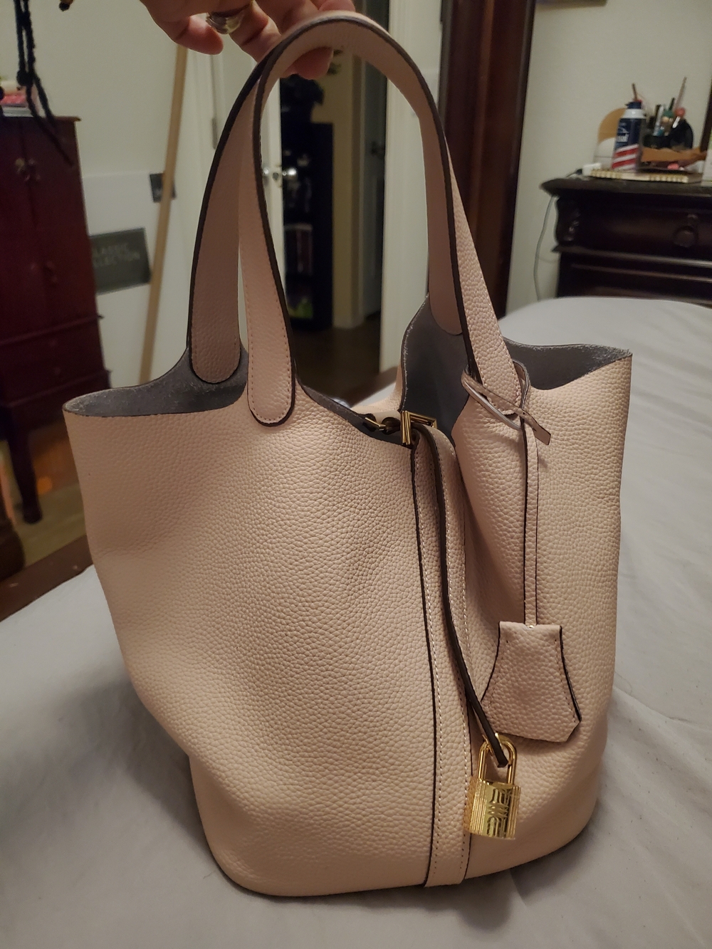 Women's Pebbled Leather Tote Bag - Pale Pink